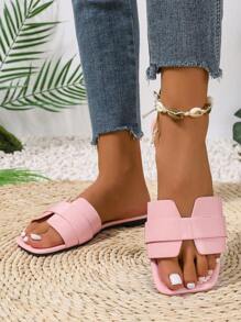 New Spring/Summer Fashion Casual Open Toe Strap Flat Slippers For Women, Comfortable Flat Sandals Beach Shoes, Minimalist Design, Versatile - Pink - View 5