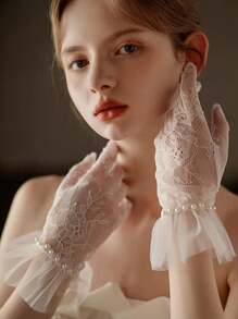1 Pair Elegant Solid Color Pearl Lace Trim Hand Gloves, Decorative Sheer Gloves For Wedding, Performance, Suitable For All Seasons