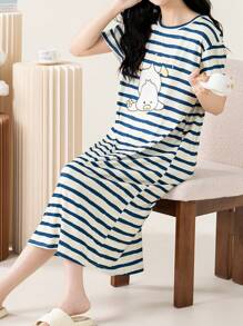 AICJ 1 pieza Vestido camisón casual de media longitud con cuello redondo, manga corta, estampado de rayas y gráfico de letras, adecuado para primavera, Día de la Madre, San Valentín, Año Nuevo