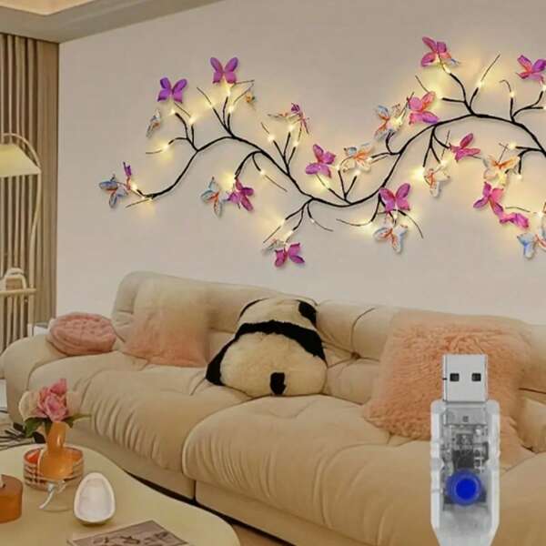 1 pieza, Luces con forma de mariposa con fuente de alimentación USB, 8 modos, 30 LED, guirnalda de luces con mariposas - Decoración para el hogar, diseño de árbol romántico, iluminación de cuento de hadas, para decoración interior y exterior en días festivos (baterías no incluidas)