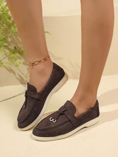 Classic Basic Coffee Flat Loafers, Casual Office Wear Style With Metallic Accent Decor, Lightweight & Comfortable Round Toe Slip-On Shoes, Suitable For All Seasons