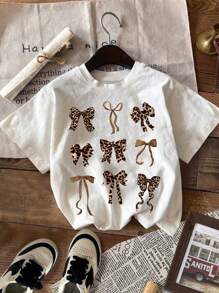 Girls' Leopard Print Bow Graphic Round Neck Short Sleeve T-Shirt, Casual Style For Spring/Summer - White - View 1