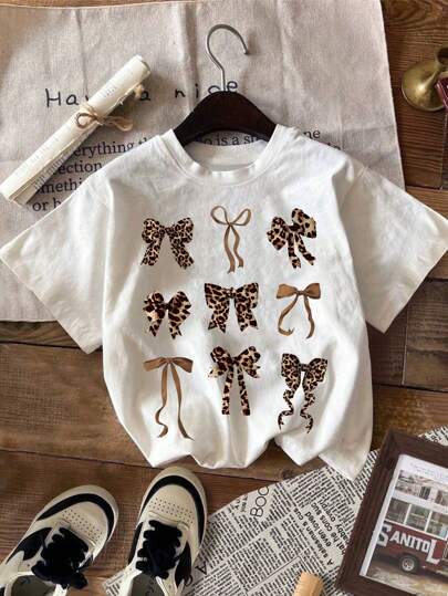 Girls' Leopard Print Bow Graphic Round Neck Short Sleeve T-Shirt, Casual Style For Spring/Summer