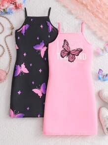 Tween-Mädchen 2-teiliges Sling-Kleid-Set mit Schmetterlingsdruck für Frühling/Sommer, lässiges, personalisiertes Outfit für Mädchen, vielseitige Pendlerkleidung für das Kinderunterhaltungsresort