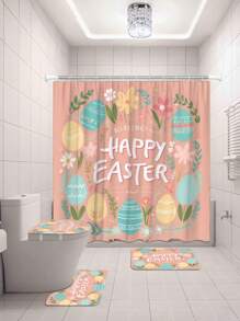 Conjunto de 4 piezas de elementos de Pascua para el baño: Cortina de ducha, alfombra de baño, tapa de inodoro, alfombra en forma de U. Cortina de ducha impermeable de poliéster con ganchos, juego de alfombras de baño antideslizantes, decoración de hogar de Pascua