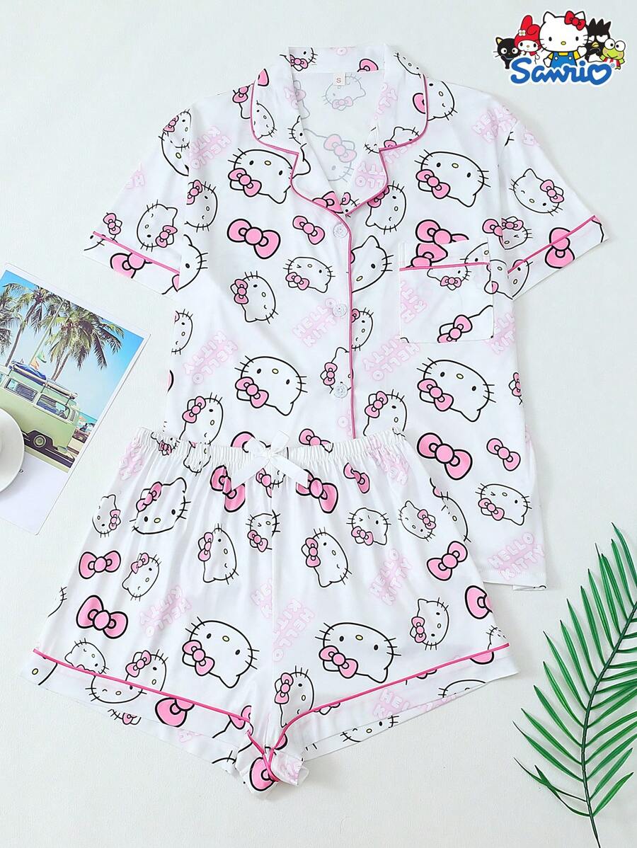 [Homely Gents]2 Pieces Sanrio Hello Kitty Print Polo Collar Short Sleeve Button Pocket Top And Bow Shorts Pajama Set For Women, Spring/Summer, Suitable For Home Use - White - View 1