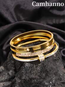 Camhanno 3pcspiece Exquisite Luxury Clover Crystal Stainless Steel Bracelet, Suitable For Women's Daily Wear, As A Gift For Friends Or Girlfriends - Yellow Gold - View 5