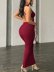 Đầm nữ màu trơn dệt kim gân không tay ôm sát hở lưng gợi cảm phong cách đường phố thường ngày dự tiệc, thanh lịch mùa xuân/hè. - Màu Đỏ Sâu - Xem 3