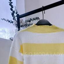 SJD MODA LADY Striped Sweater Knit Modal Off Shoulder Super Autumn Winter Korean Style Best Fabric - Garis kuning dan putih - View 2