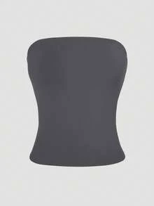 XLLAIS Áo tank top crop không dây gợi cảm, áo bra yoga ôm sát màu trơn thời trang, kiểu dáng casual mùa hè. - Màu xám đen - Xem 7