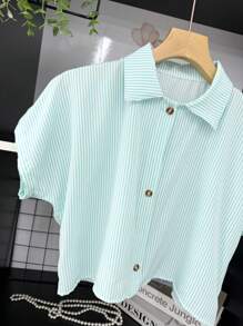 ELLIE Casual Striped Print Loose Cropped Shirt - 淡綠色條紋 - 查看 2