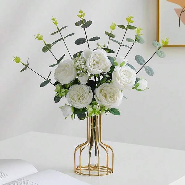 1 pieza Florero de estilo nórdico de hierro color dorado con boca pequeña, florero decorativo para sala de estar y mesa