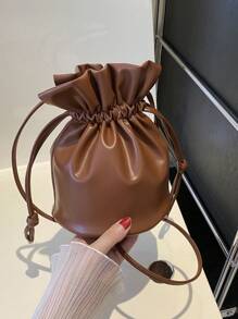 Drawstring Bucket Bag, Simple Drawstring Cross-Body Shoulder Bag