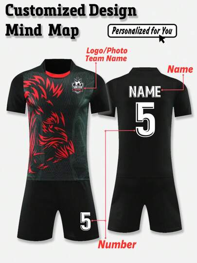 2pcs Customized Personalized Pattern, Logo, Name & Design Men's Sports T-Shirt + Shorts, University Football Team Uniform For Spring/Summer