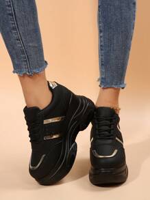 Fall/Winter 1 Pair Women's New Black Platform Thick Sole Sneakers, Leather Upper Round Toe Lace Up Chunky Sneakers, Lightweight Non-Slip Soft Sole Casual Shoes - Gold - View 8