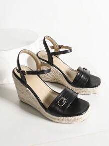 Damen Schwarze High Heel Plateau Keil Sandalen, Dicke Absatz Boho Stil bequeme Arbeits Sandalen 6cm quadratischer Absatz mit Schnalle, minimalistisch sexy