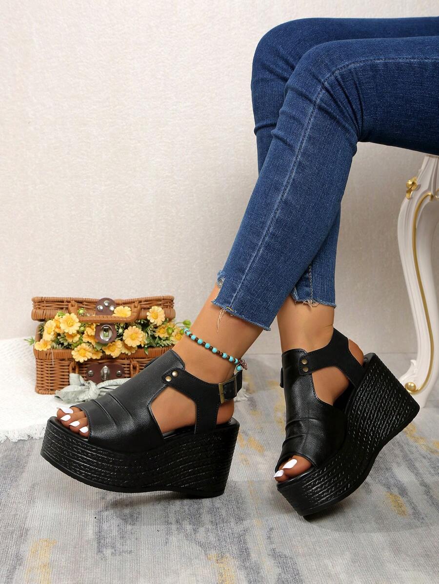 女式软皮超高跟厚底凉鞋，时尚增高，夏季 - 黑色 - 查看 1