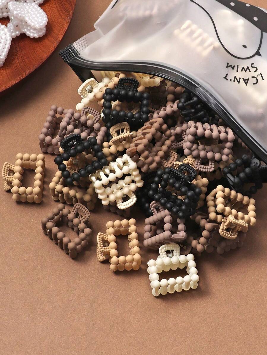 30pcs Small Size Black, White & Brown Pom Pom Square Hair Clips For Ponytail,Hair Accessories,Hair Claw,Claw Clips,Hair Clutch,Hair Jaw Clip Fall Winter For Vacation Outfits Woman