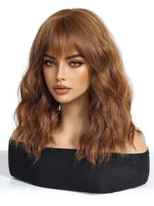 باروكة بنية طول 14 بوصة للنساء، باروكة مموجة بغرة هوائية، باروكة مجعدة من ألياف صناعية مقاومة للحرارة، مناسبة للاستخدام اليومي وحفلات الأعياد والمهرجانات والتنكر