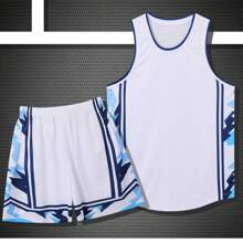 2 piezas Camiseta de baloncesto personalizada para hombres - Camiseta sin mangas con impresión personalizada de nombre, número y imagen + Pantalones cortos, conjunto deportivo para uso en equipo en primavera/verano