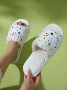 女士彩色五角星露趾拖鞋，居家室内地板毛茸茸情侣拖鞋