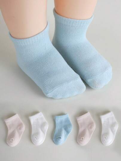 5 Pairs Random Classic Socks, Comfortable Elastic Unisex Children Socks, Solid Color Sports Ankle Socks For Kids