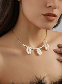 1pc Versatile Boho Style Faux Pearl & Seashell Pendant Necklace, Suitable For Men & Women Everyday Wear, Gorgeous Beach Jewelry Gift - Multicolor - View 7