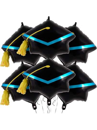 6pcs/Set Black And Blue Graduation Cap Design Balloon, Graduation Cap Shape Graduation Aluminum Foil Balloon For 2025 Graduation Party Decoration