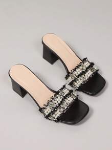 Pearls Decor Slide Sandals, Summer Outdoor Goddess Style Chunky Heel Slides - Black - View 1
