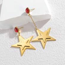 Customized Personalized Engraved Earrings - Can Engrave Name, Date - 1 Pair Elegant Dual-Layer Five-Pointed Star Ruby Stud Earrings, Minimalist Titanium Steel Jewelry, European And American Style
