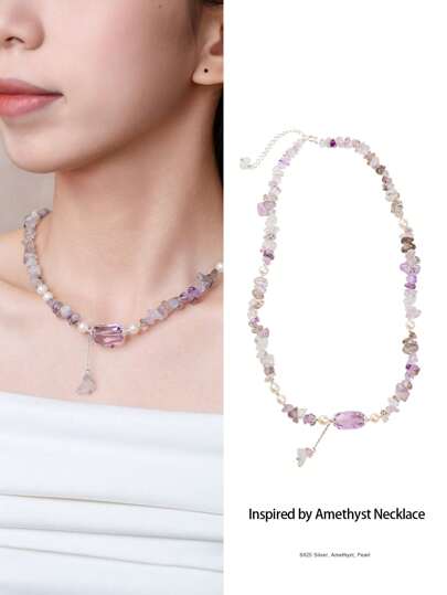  [VE] 1 Stück hochwertiger 925er Silber Anhänger Halskette mit natürlichem Super Seven. Die mysteriöse Kraft des Super Seven, kombiniert mit der Vornehmheit des bolivianischen Amethysts und der Sanftheit der Süßwasserperle, symbolisiert die außergewöhnliche elegante und tiefe Weisheit der Trägerin. Für Personen geeignet, die Individualität und Eleganz anstreben. Die Schmuckfarbe ist zufällig.