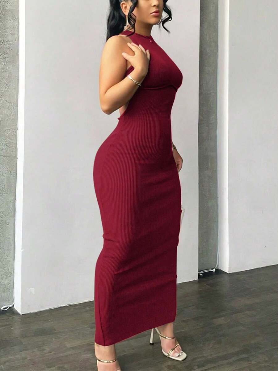 Đầm nữ màu trơn dệt kim gân không tay ôm sát hở lưng gợi cảm phong cách đường phố thường ngày dự tiệc, thanh lịch mùa xuân/hè. - Màu Đỏ Sâu - Xem 1