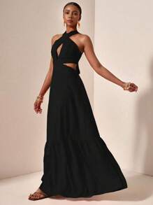 New Arrival Sleeveless Maxi Criss-Cross Backless Dress, Suitable For Parties & Vacation, Spring/Summer - Black - View 3
