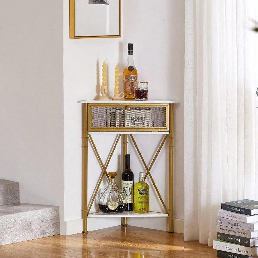UVVECELO Corner Table For Small Spaces Multipurpose Storage Cabinet Shelf Organizer With Flip Door In Living Room Bedroom Kitchen Bathroom Gold