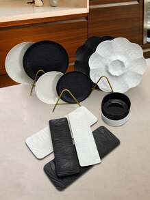 6 件套石质餐具套装，简约黑白盘子和碗，厨具 - 彩色 - 查看 1