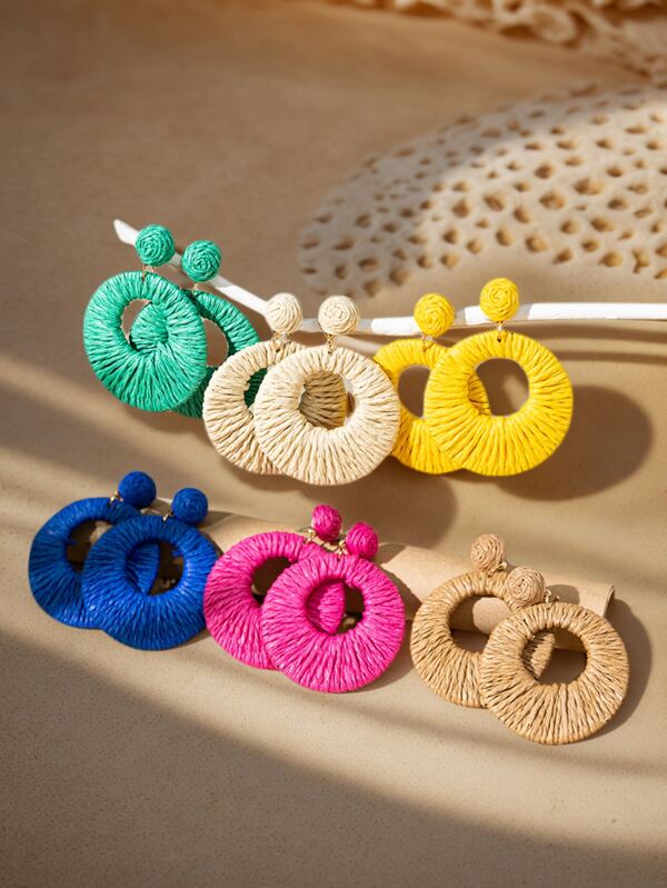 1 Pair Handmade Colorful Rattan Bohemian Style Large Hoop Earrings, Suitable For Women Beach Vacation Matching With Ditsy Floral Dresses