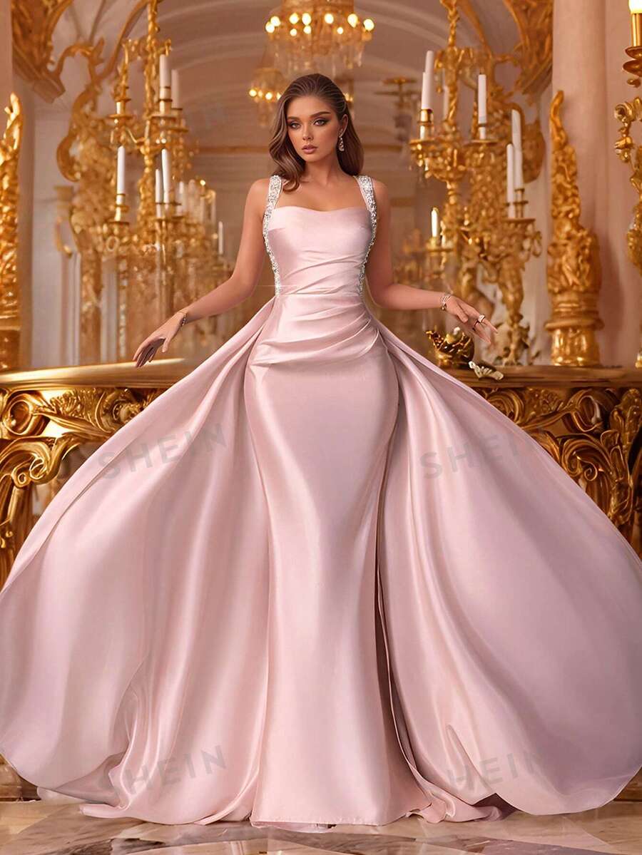 VIPGIRL Vestido de satén sin mangas con drapeado en color rosa champán, con tirantes de lentejuelas y cola larga. Vestido formal elegante de sirena para mujeres, vestidos de graduación, vestidos de noche, vestidos de invitada de boda, lujoso y glamoroso vestido de gala