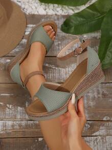 女士夏季新款时尚露趾踝带坡跟凉鞋 - 綠色 - 查看 5
