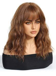 باروكة بنية طول 14 بوصة للنساء، باروكة مموجة بغرة هوائية، باروكة مجعدة من ألياف صناعية مقاومة للحرارة، مناسبة للاستخدام اليومي وحفلات الأعياد والمهرجانات والتنكر