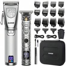 GLAKER Cordless Hair Clipper Kit – Hair Trimmer For Men, Sharp Blades, LED Display, 15 Guide Combs, Travel Case, And Storage Comfort - 6026