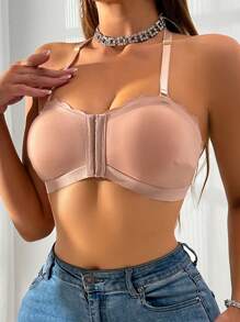 Women Minimalist Front Button Wireless Casual Bra - Apricot - View 3