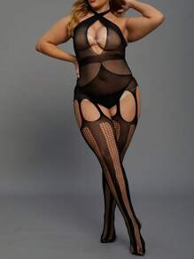 Plus Size Women Halter Sheer Lingerie Set, High Elastic Seamless Jumpsuit, Sexy Nightwear (Without Panties) - Black - View 4