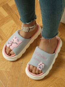 OBOVAY Women Cartoon Cat Design Plush Open Toe Indoor Slippers, Lightweight And Comfortable For All Seasons - 1pc Grey - View 5