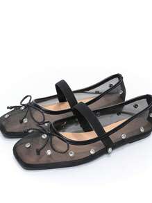 时尚女士透气黑色网眼和水钻装饰芭蕾平底鞋，优雅的夏季度假便鞋 - 黑色 - 查看 6