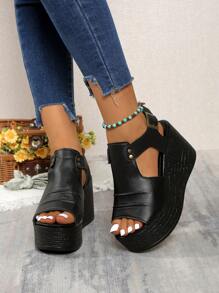 女式软皮超高跟厚底凉鞋，时尚增高，夏季 - 黑色 - 查看 2
