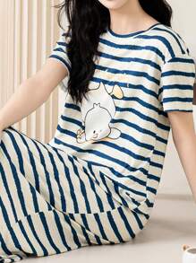 AICJ 1 pieza Vestido camisón casual de media longitud con cuello redondo, manga corta, estampado de rayas y gráfico de letras, adecuado para primavera, Día de la Madre, San Valentín, Año Nuevo