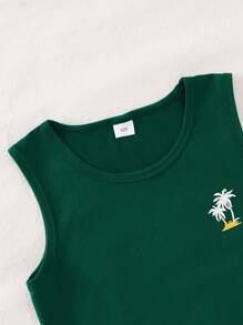 Conjunto de chaleco y pantalones cortos de niños pequeños con estampado de árbol de coco y dibujos animados, traje casual de poliéster adecuado para exteriores, verano