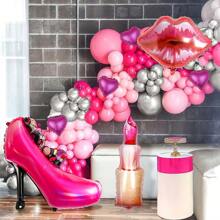100 Stück/Set Prinzessin Hochhackenschuh Make-up Thema rosa & silberne Ballon Girlande Bogen Set, inklusive Hochhackenschuhe, Lippenstift, Lippen, Herz Folienballons, dunkelpink & silberne Prinzessinnen Themen Ballons, geeignet für Make-up Thema, Geburtstags Party Dekoration, Hochzeit, Junggesellinnen-Abschied, Jubiläum, Abschlussfeier Deko