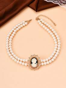1pc Double-Layer Retro Elegant Full-Crystal Pearl Choker Necklace - Multicolor - View 5