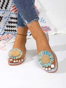 女士百搭平底蓝色花朵沙滩度假系带一脚蹬凉鞋，户外拖鞋 - 淺藍色 - 查看 8